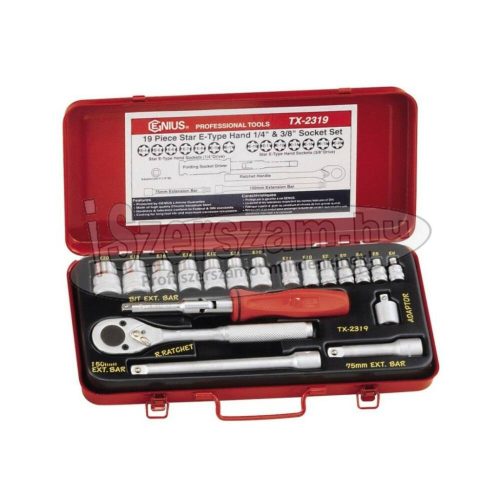 GENIUS TOOLS Dugókulcs készlet 1/4"-3/8" belső E-torx E4-E20 19 részes TX-2319