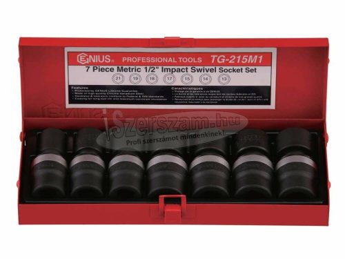 GENIUS TOOLS Légkulcsfej, gépi dugókulcsfej készlet 1/2" 7 részes 13-21mm metrikus rövid csuklós TG-215M1