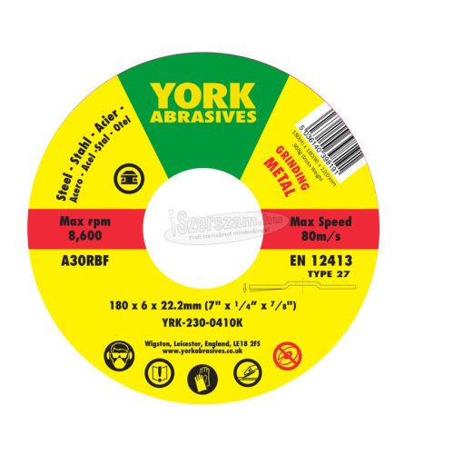 YORK ABRASIVES 180X6X22,23 A30RBF DPC TISZTÍTÓKORONG, T27 YRK2300410K