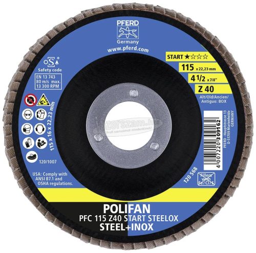 PFERD 69300936 POLIFAN fogazott alátét PFC 115x22,23mm kúpos Z40 BOX STEELOX acél/rozsdamentes acél 115mm 10db 69300936