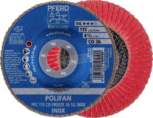 PFERD POLIFAN legyezőlapos csiszolókorong PFC 115 CO-FREEZE 36 SG INOX 67711536