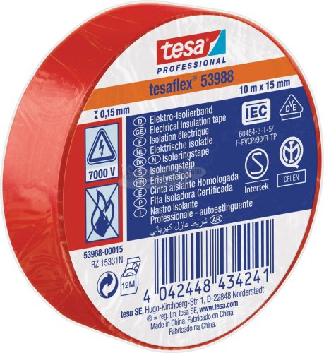 tesa 53988-00015-00 Szigetelőszalag tesa Professional Piros 10mx15mm 1db 53988-00015-00